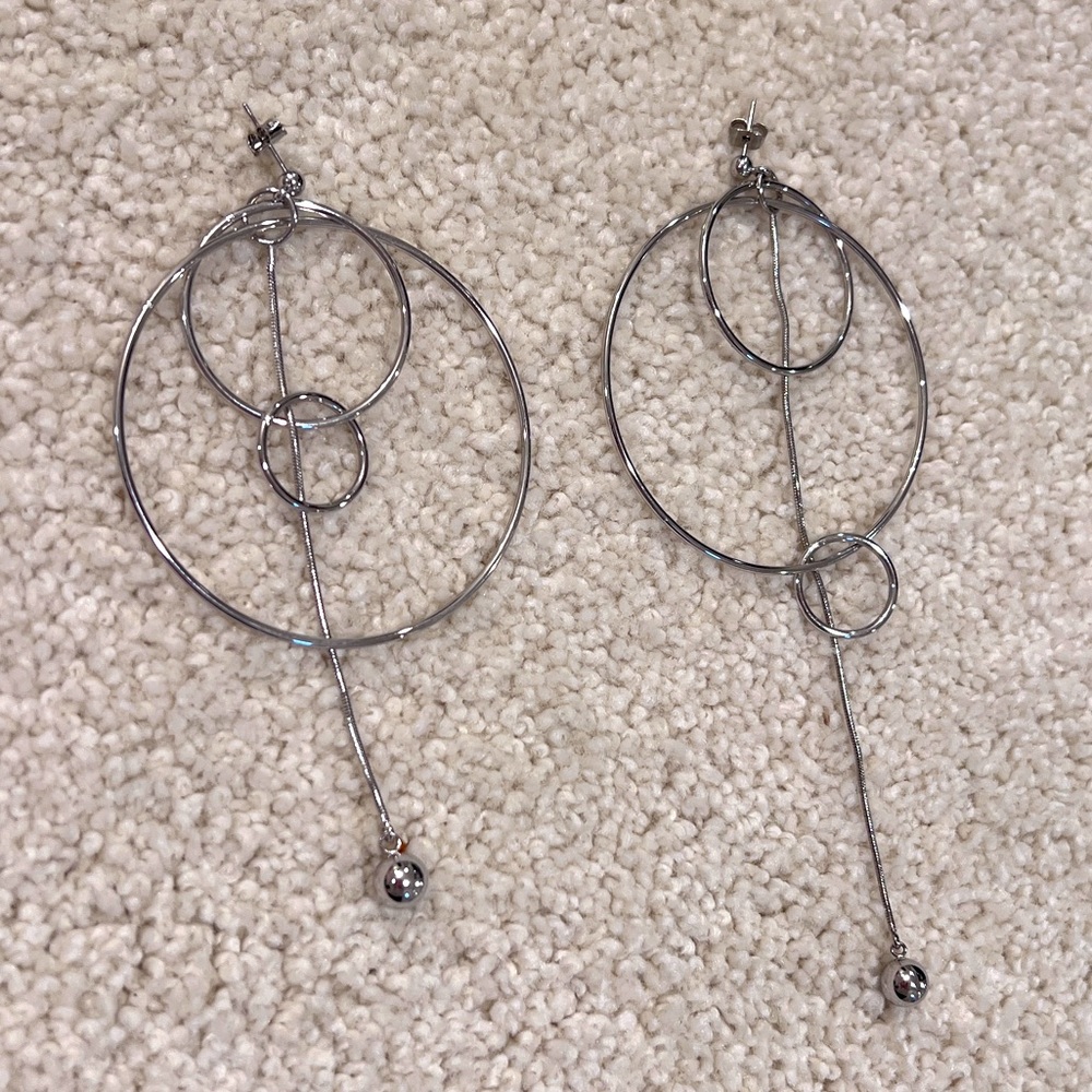 Asymmetrical Silver Drop Hoop Earrings